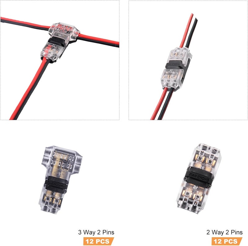 Brightfour Low Voltage Wire Connectors, 24 Pack 12v Wire Splice Connectors Combo, No Strip Solderless Electrical Connectors, Fit 24-20 AWG Wires, 12 Pack 3 Way 2 Pins and 12 Pack 2 Way 2 Pins - Image 2
